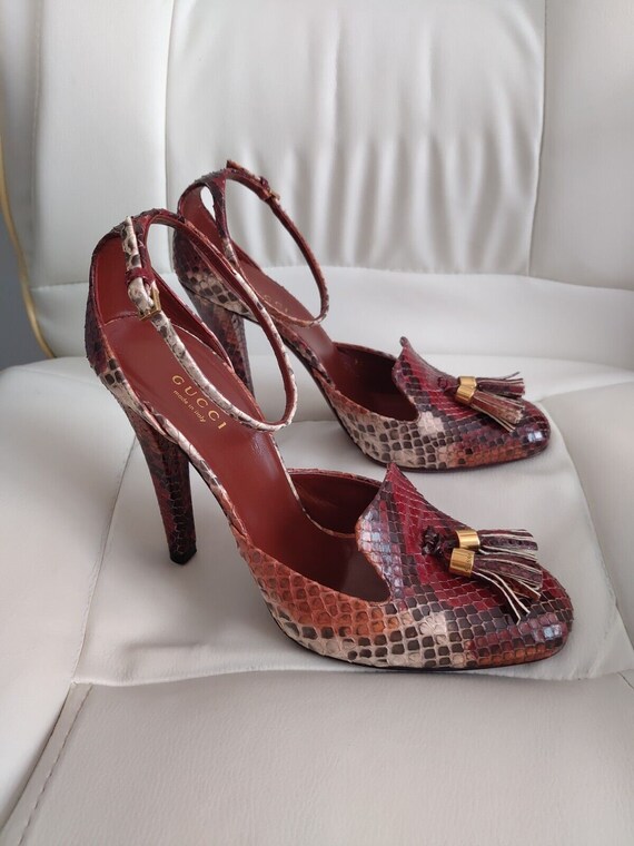 Gucci Python Mischa Ankle Strap Tassel Pumps Maro… - image 3