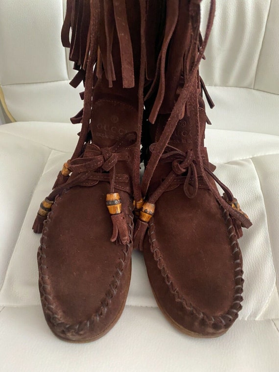 GUCCI Vintage Womens Fringe Flat Boots Brown Sued… - image 4