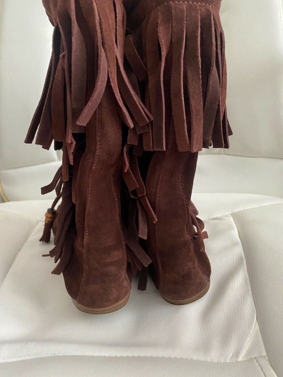 GUCCI Vintage Womens Fringe Flat Boots Brown Sued… - image 7