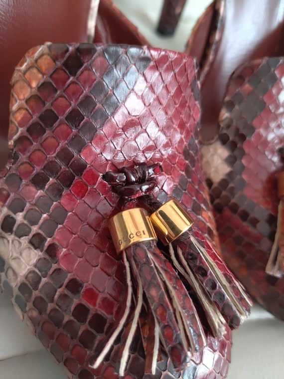 Gucci Python Mischa Ankle Strap Tassel Pumps Maro… - image 9