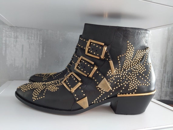 Chloe Susanna Black Leather Short Ankle Boots Bootie Shoes Gold