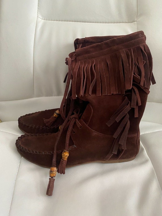 GUCCI Vintage Womens Fringe Flat Boots Brown Sued… - image 2