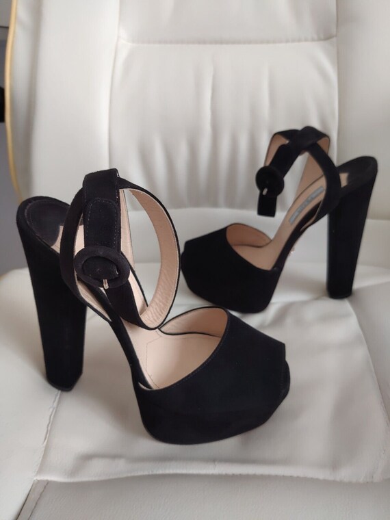 Prada Black Suede Platform Ankle Sandals Heels Sh… - image 6