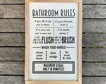 Framed Wooden Signs, Farmhouse Bathroom Sign, Bathroom Rules, Rustic Bathroom Decor, Customizable Sign, Bathroom Signs, Bathroom Wall Art
