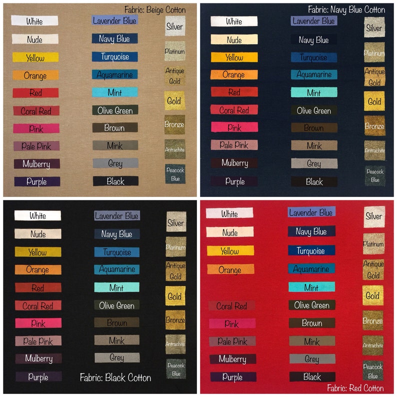 Op de afbeelding: Een kleurenkaart met verschillende stoffenkleuren en -namen. De kaart is verdeeld in vier secties, elk met een andere stoffenkleur: beige, marineblauw, zwart en rood. Elke sectie bevat een lijst van 12 kleuren met hun namen in wit gedrukt.