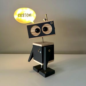 Customizable Wooden Robot with LED Bubble – Handmade Steampunk Figurine – Funny Desk Toy – Geek Gift – Personalized Message Robot Decor