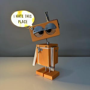 Light Up Wooden Robot – Funny Office Desk Gift – I Hate This Place Figurine – Handmade Geek Decor – Customizable Dorm Robot