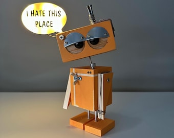 Light Up Wooden Robot – Funny Office Desk Gift – I Hate This Place Figurine – Handmade Geek Decor – Customizable Dorm Robot