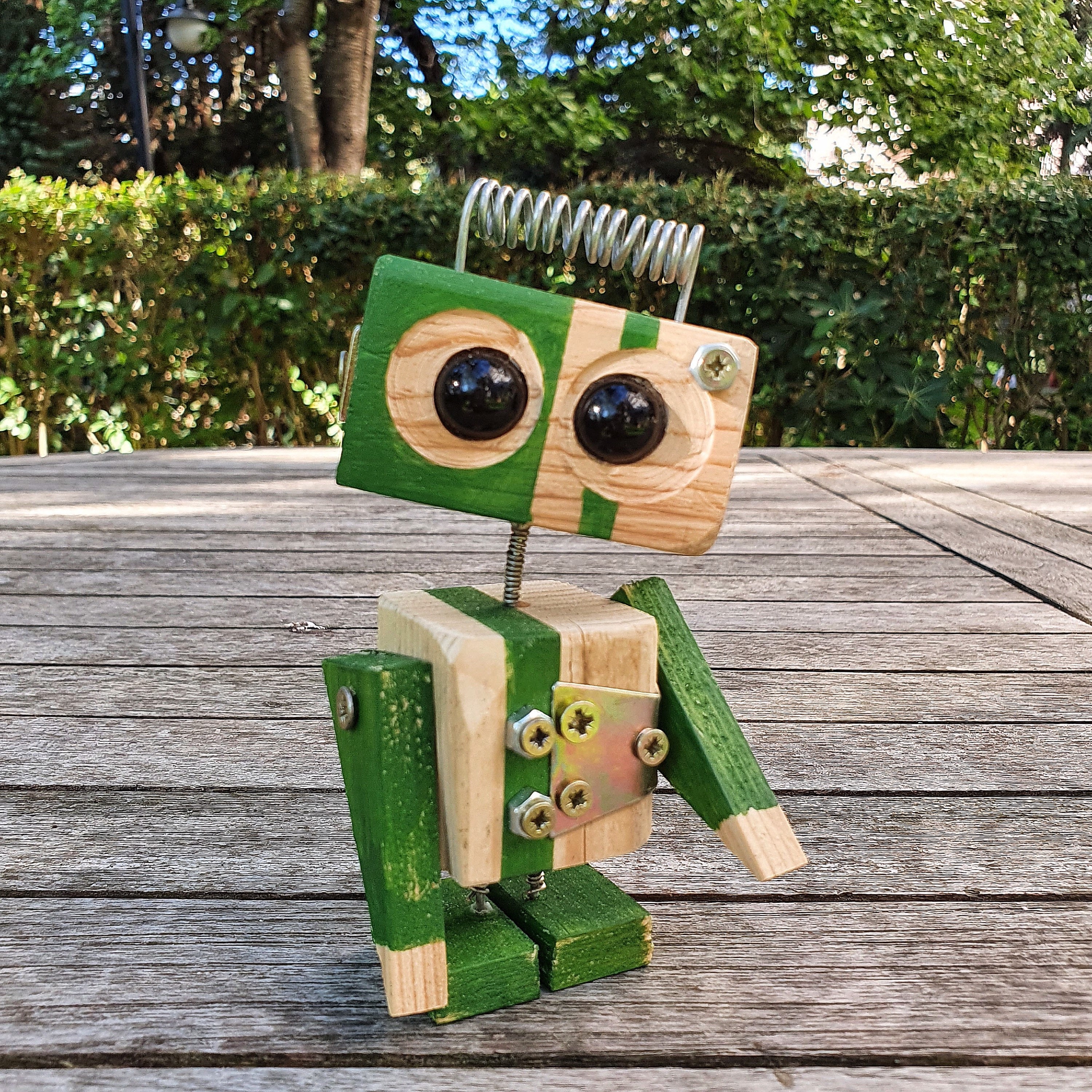 Handmade Wooden Robot Figurine – Rustic Steampunk Desk Decor