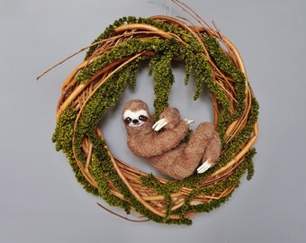 Grapevine Wreath, Needle Felting, Sloth, Dorm Room Decor, College Student Gift, Sloth Gift, Felt Wall Hanging, Wool Sculpture, Animal Lover