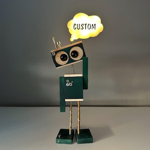 Custom Wooden Robot Toy – Steampunk Decor Figurine – Personalized Light Up Gift – Thought Bubble Robot – Geeky Dorm Desk Accessory