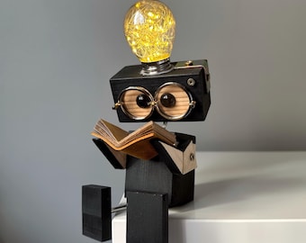 Steampunk Decor, Robot Toy, College Student Gift, Steampunk Robot, Dorm Room Decor, Decorative Table Lamp, Desk Accessories, Wooden Toys
