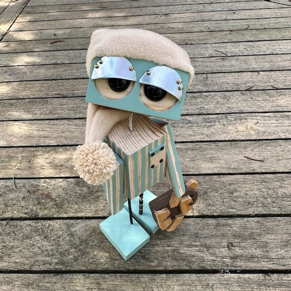 Sleepy Robot Figurine with Teddy – Handmade Wood & Metal Sculpture – Nightcap Bedtime Robot Art – Whimsical Desk Decor – Gift for Him Her