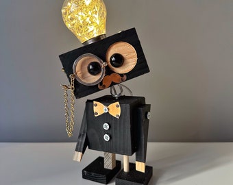 Handmade Wooden Robot Lamp – Steampunk Desk Light – Funny Office Decor – Unique Geek Gift – Dorm Room Lighting – Collectible Robot Sculpture