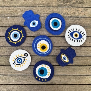 Evil Eye Punch Needle Coasters – Handmade Blue Eye Mug Rugs – Boho Spiritual Decor – Unique Gift Idea – Nazar Coaster Set for Coffee Table