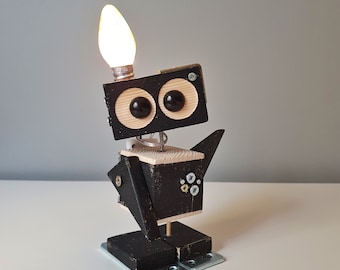 Steampunk Robot Lamp - Black Wooden Robot with Flame Bulb - Quirky Desk Lamp - Handmade Geek Gift for Office or Home Decor