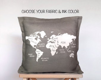 Custom Pillow Cover, Decorative Pillows for Couch, World Map Pillow, Dorm Room Decor, Travel Decorations, Farmhouse Cushion, Inspirational