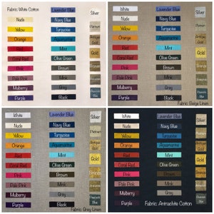Op de afbeelding: Een kleurenkaart met stofstalen in verschillende kleuren en texturen. De stalen zijn gelabeld met de kleurnaam en het type stof. De stoffen omvatten wit katoen, beige linnen, grijs linnen en antraciet katoen.