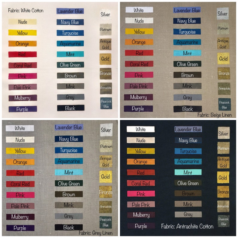 Op de afbeelding: Een kleurenkaart met stofstalen in verschillende kleuren en texturen. De stalen zijn gelabeld met de kleurnaam en het type stof. De stoffen omvatten wit katoen, beige linnen, grijs linnen en antraciet katoen.