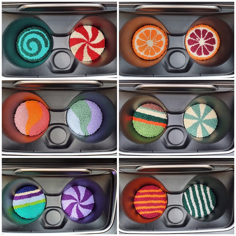 May include: A set of 10 colorful car cup holders with various patterns, including swirls, stripes, and geometric designs. The cup holders are made of a soft, textured material and are designed to fit standard car cup holders.