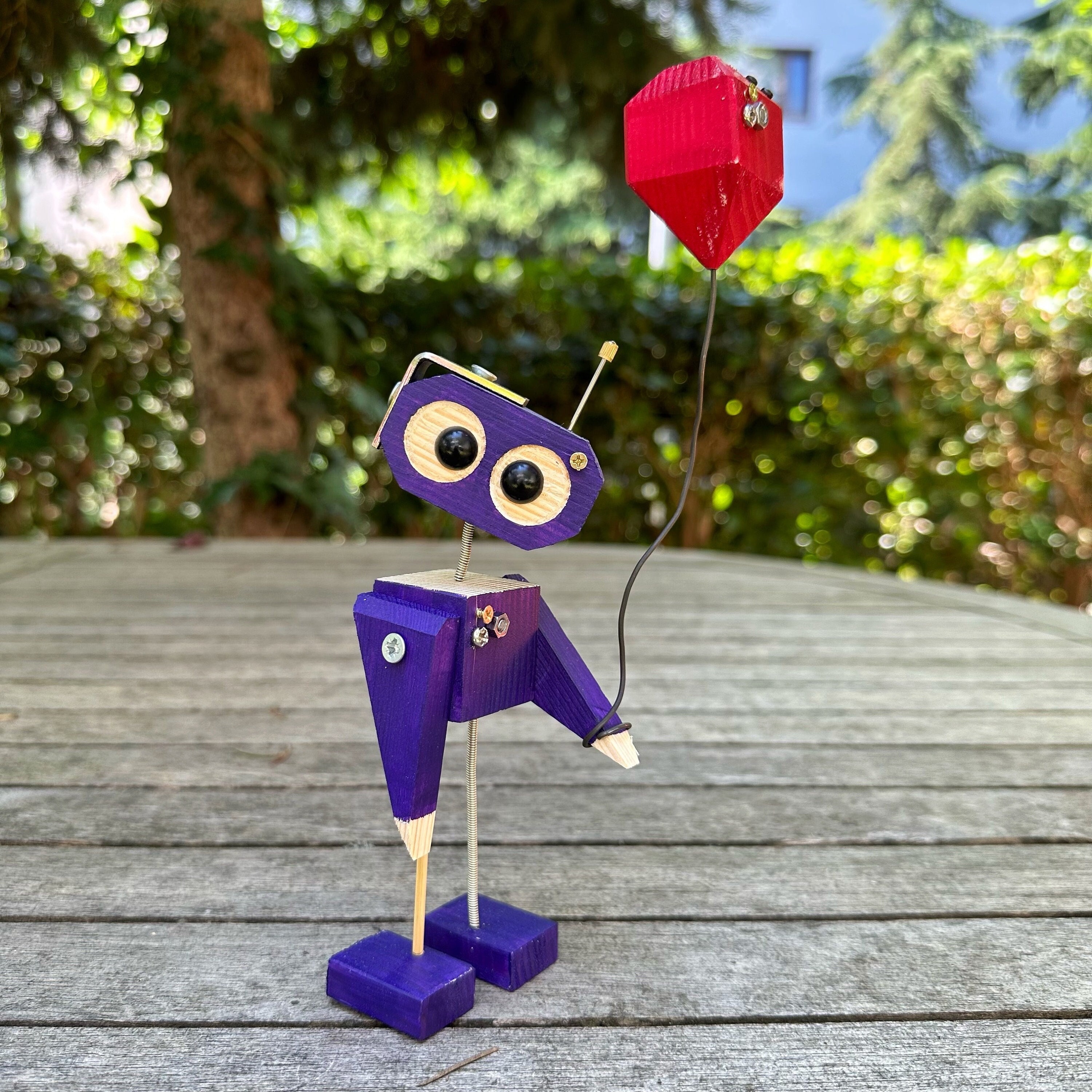Handmade Wooden Robot with Red Balloon – Purple Steampunk Figurine – Geeky Desk Decor – Cute Robot Lover Gift – Anniversary, Birthday Gift