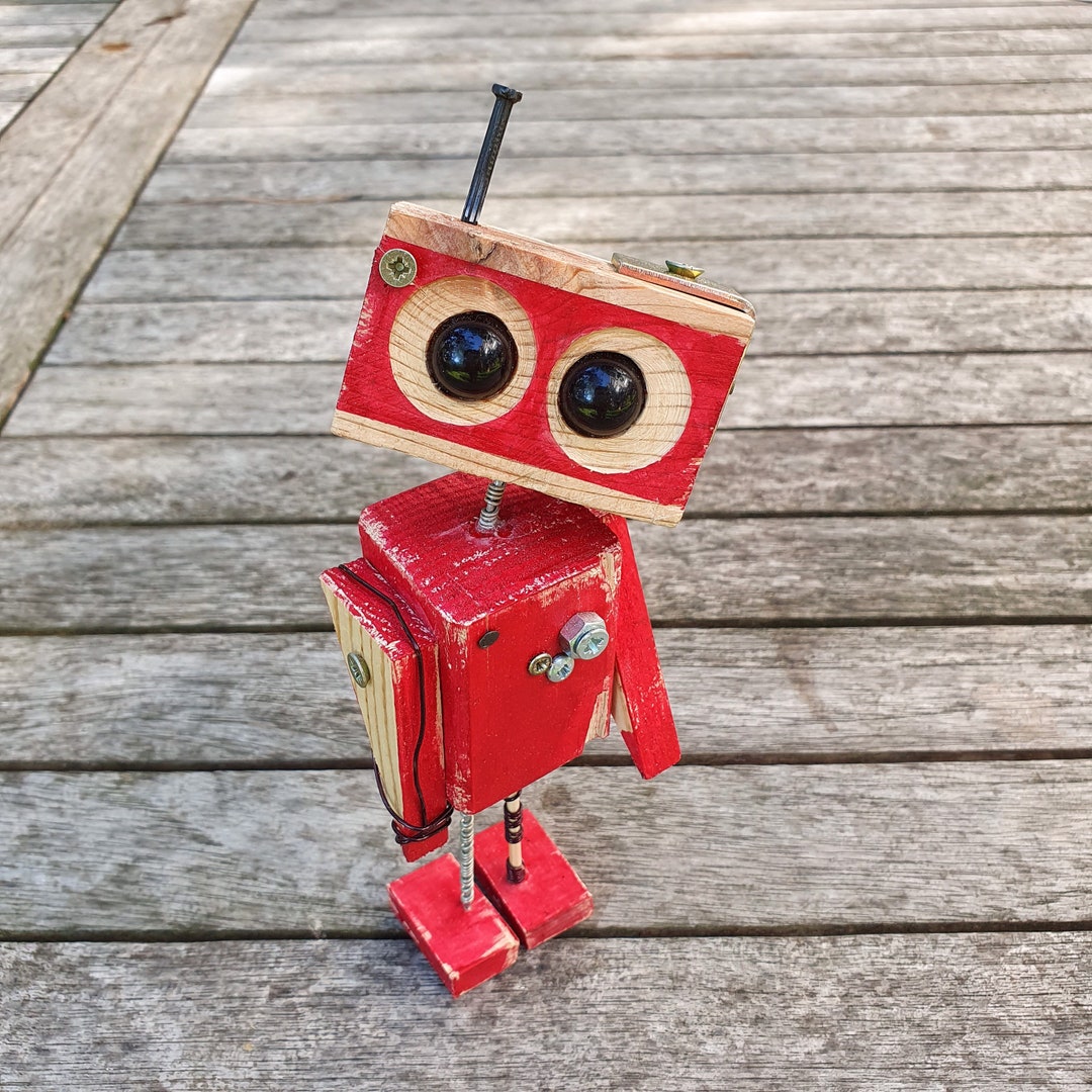 Handmade Steampunk Red Wooden Robot Figurine – Retro Desk Buddy