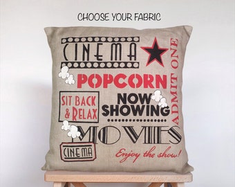 Bioscoopdecor, linnen kussen, kussens met gezegden, bioscoop, decoratieve kussens voor bank, kussensloop, filmliefhebber, decor thuisbioscoop