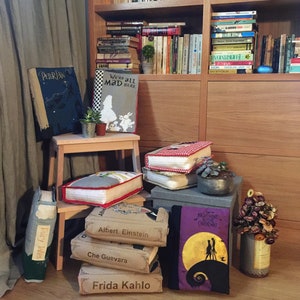 May include: A collection of book-shaped decorative pillows with various titles, including "Peter Pan", "We're All Mad Here", "Fairy Tales", "Albert Einstein", "Che Guevara", and "Frida Kahlo". The pillows are arranged on a wooden floor with a bookshelf in the background.