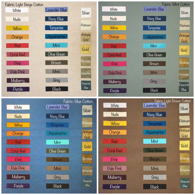 Op de afbeelding: Een kleurenkaart met 16 verschillende stoffenkleuren, waaronder wit, nude, geel, oranje, rood, koraalrood, roze, lichtroze, moerbei, paars, lavendelblauw, marineblauw, turquoise, aquamarijn, mint, olijfgroen, bruin, mink, grijs, zwart, zilver, platina, antiekgoud, goud, brons, antraciet en pauwblauw.