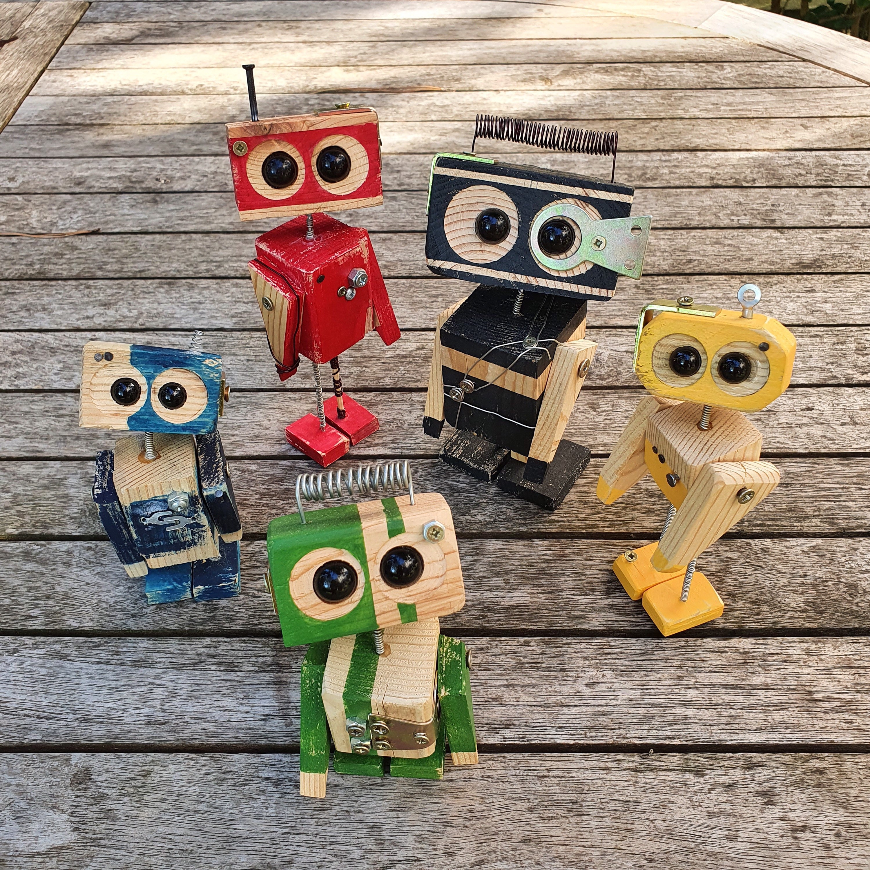 Handmade Wooden Robot Figurine – Rustic Steampunk Desk Decor