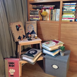 May include: A bookshelf with various books, including a cook book, and decorative pillows with images of Frida Kahlo, Albert Einstein, and Che Guevara. The pillows are sitting on a wooden stool and a gray storage box.