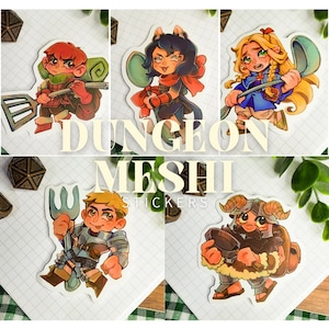 May include: Five colourful stickers featuring cartoon characters with different expressions and accessories. The stickers are labelled "Dungeon Meshi Stickers".