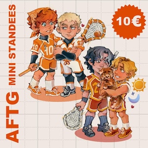 Preview image of a mini standees set of All for the game book characters Neil Jostein, Andrew Minyard, Jean Moreau and Jeremy know, by pairs: Andreil and Jerejean.