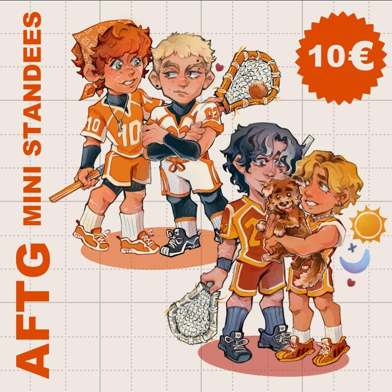 Preview image of a mini standees set of All for the game book characters Neil Jostein, Andrew Minyard, Jean Moreau and Jeremy know, by pairs: Andreil and Jerejean.