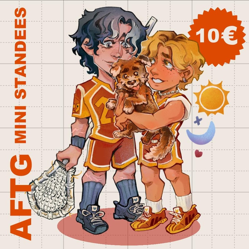Preview image of a mini standees set of All for the game book characters Jean Moreau and Jeremy Knox. Jerejean book merch from AFTG series. Jeremy is holding Jab the dog.