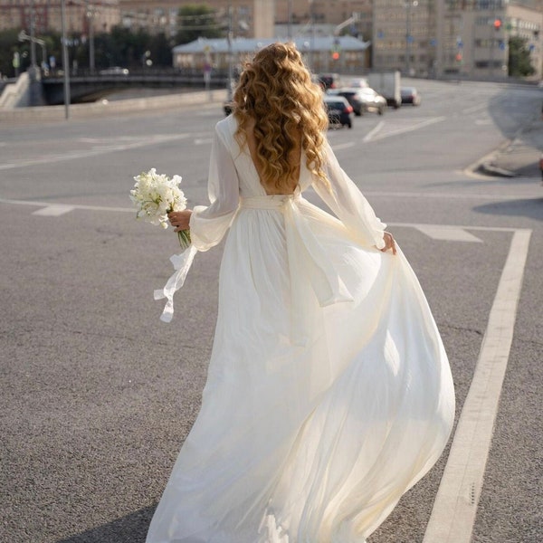 Modest Wedding Dress | Long Sleeves Bridal Gown | Open Back Wedding Dress | Long Train Wedding Dress | Simple Wedding Dress | Airy Dress