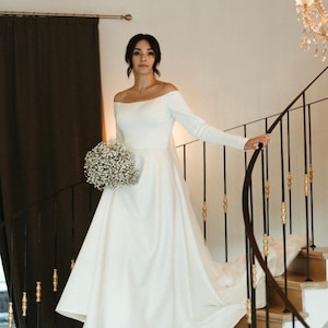 Long Train Wedding Dress | Off-The-Shoulder wedding dress | Long Sleeve Wedding Dress | Classic wedding dress | Modern Wedding Dress