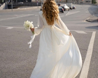 Modest Wedding Dress | Long Sleeves Bridal Gown | Open Back Wedding Dress | Long Train Wedding Dress | Simple Wedding Dress | Airy Dress