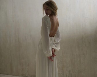 Open Back Ivory Wedding Dress: Long Sleeves, Modest A-Line Gown