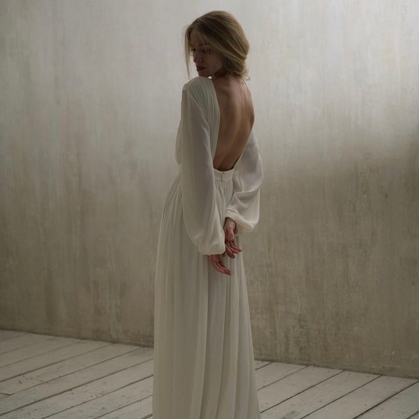 Open Back Wedding Dress | Wedding Dress Long Sleeves | Simple Wedding Dress | Modest Elegant Wedding Dress | Airy Wedding Dress | Ivory Gown