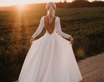 Long Train Dress | Open Back Wedding Dress | Long Sleeves Wedding Dress | Satin Wedding Dress | Cathedral Dress | CelticWedding Dress