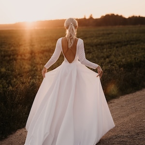 Long Train Dress | Open Back Wedding Dress | Long Sleeves Wedding Dress | Satin Wedding Dress | Cathedral Dress | CelticWedding Dress