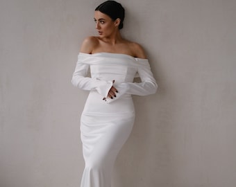 Floor length Wedding Dress|Long Sleeves Wedding Dress | Off-The Shoulder Dress | Satin Dress |Elegant Dress | Off White Gown |Corset Dress