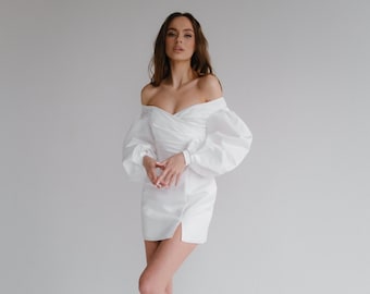 Off the Shoulder Wedding Dress | Mini Wedding Dress | Long Sleeves Wedding Dress | Slit On The Skirt|Dense Satin Wedding dress | Bridal Gown