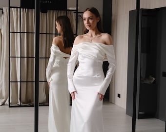 Satin Off-The-Shoulder Wedding Dress: Long Sleeve, Open Back