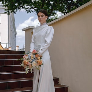 Open Back Wedding Dress | Long Train Wedding Dress | Long Sleeves Wedding Dress |Satin Wedding Dress | Lace Cuffs Wedding Dress