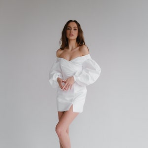 Off the Shoulder Wedding Dress | Mini Wedding Dress | Long Sleeves Wedding Dress | Slit On The Skirt|Dense Satin Wedding dress | Bridal Gown