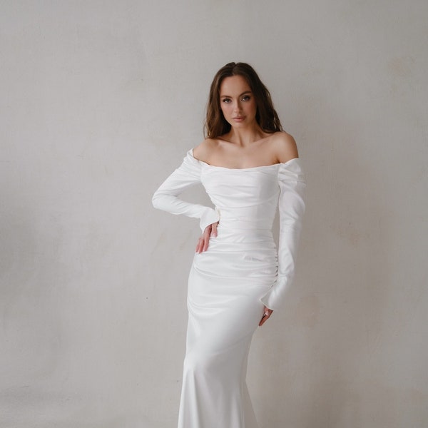 Off the Shoulder Wedding Dress|Long Sleeves Wedding Dress | Satin Dress | Corset Dress|Elegant Wedding Dress | Minimalist Wedding Dress