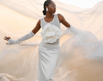 Bridal body with 3d flower | Maxi skirt | Wedding set | Long detachable gloves | Stylish wedding set | Satin skirt | Satin 3d flower