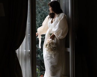 Wedding Dress Deep V-neckline | Long Sleeves Wedding Dress | OpennBack Wedding Dress | Taffeta Dress With Puff Sleeves | Floor Lenght Dress